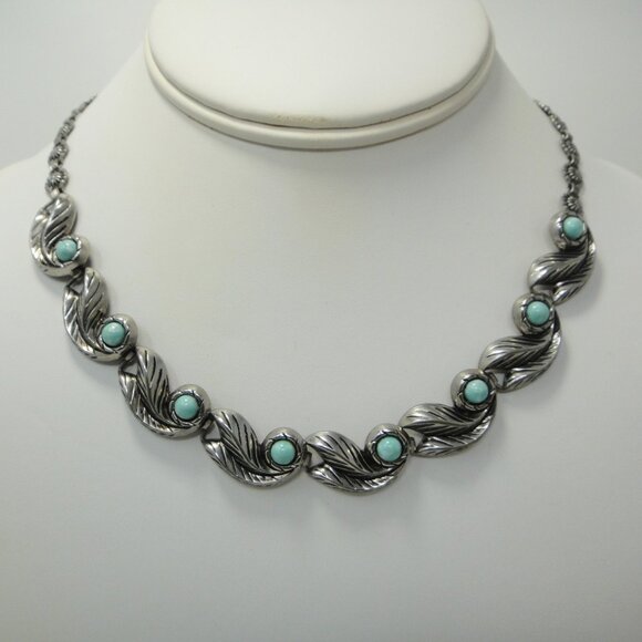 Necklace Blue Faux Turquoise Silver Tone Leaves Choker 16.5" - Picture 1 of 11